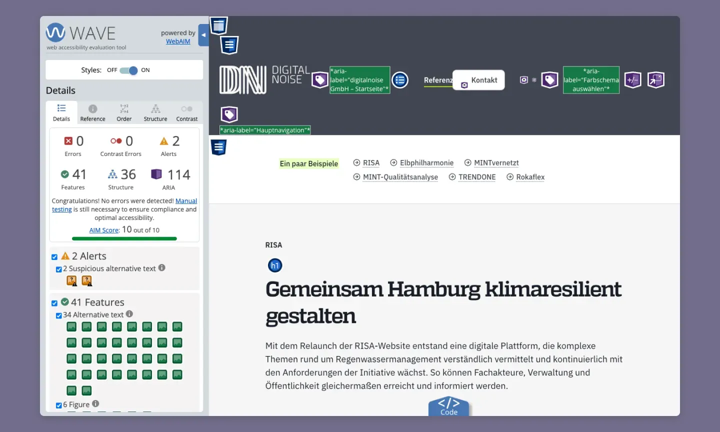 Anwendung des WAVE-Analyse-Plugins im Browser auf die digitalnoise Website, um Fehler und Warnungen zu sehen.